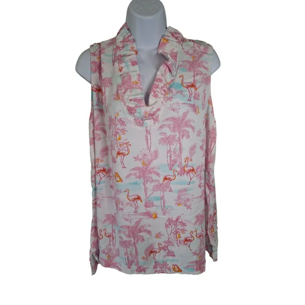 Crown & Ivy Sleeveless Ruffle Collar Blouse  Flamingo Print Womens 2XL